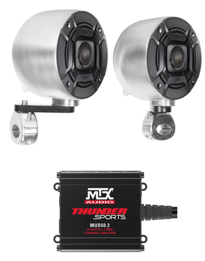 (2) polk audio 4" chrome TOWER speakers+mtx 2-CHANNEL amp for ATV/UTVCART